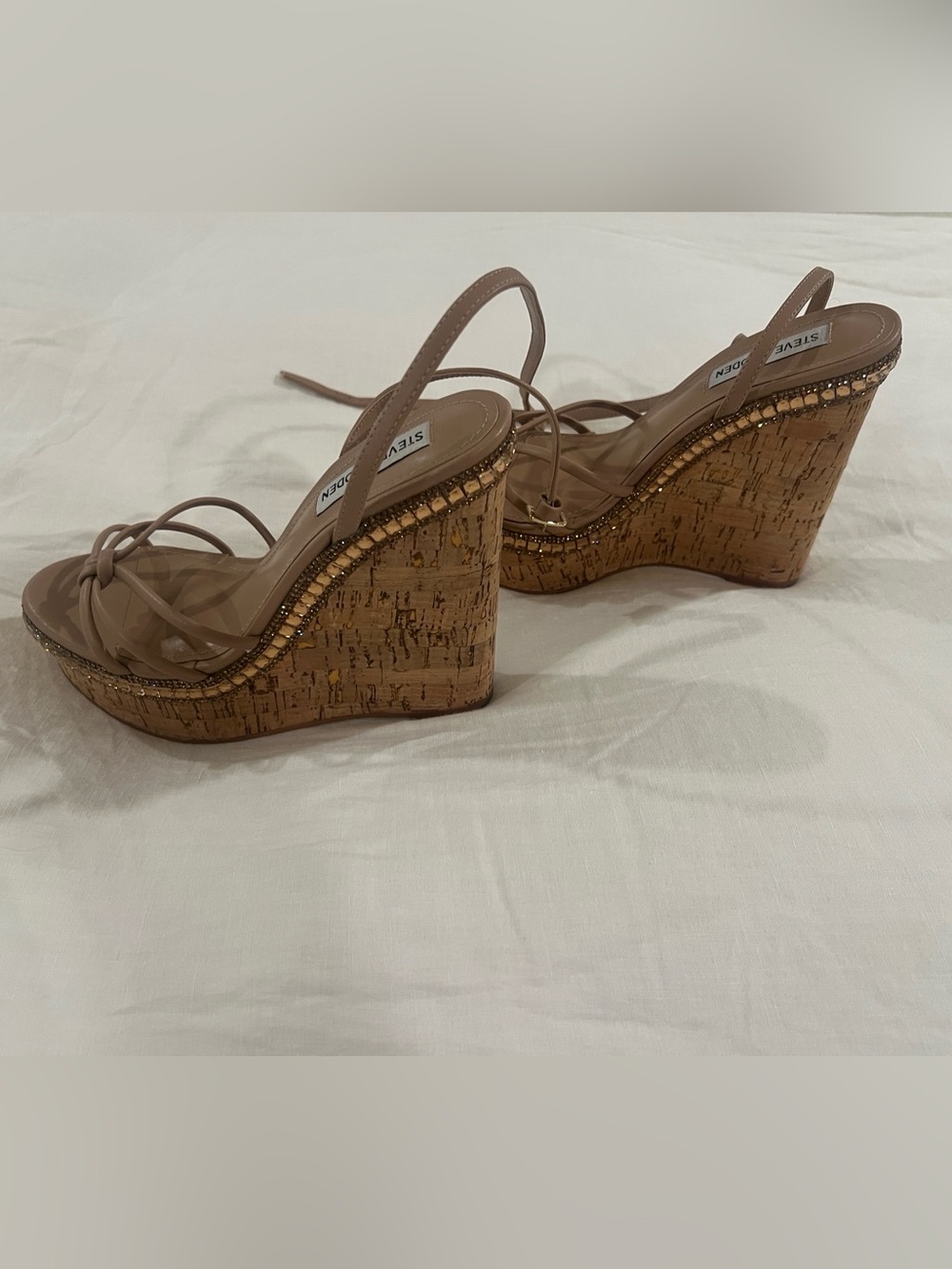 Steve Madden Taupe Cork Wedge Sandals with Gold Trim